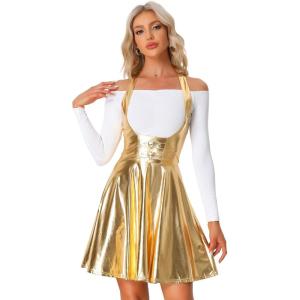 imageAllegra K Metallic Skirts for Womens Holographic Party Shimmering High Waist Gothic Suspender SkirtGold