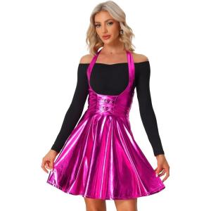 imageAllegra K Metallic Skirts for Womens Holographic Party Shimmering High Waist Gothic Suspender SkirtHot Pink