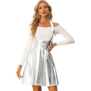 imageAllegra K Metallic Skirts for Womens Holographic Party Shimmering High Waist Gothic Suspender SkirtSilver