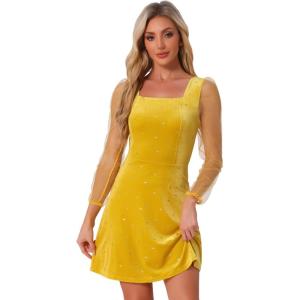 imageAllegra K Womens Halloween Mesh Sheer Sleeve Sparkly Party Glitter Star Metallic Velvet DressYellow