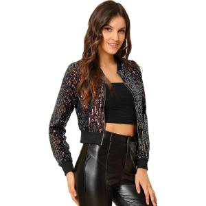 imageAllegra K Womens Halloween Sparkly Jackets 2024 Party Crop Sequin Bomber JacketApricot