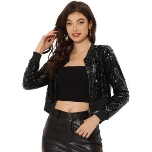 imageAllegra K Womens Halloween Sparkly Jackets 2024 Party Crop Sequin Bomber JacketBlack