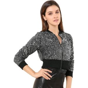 imageAllegra K Womens Halloween Sparkly Jackets 2024 Party Crop Sequin Bomber JacketBlacksilver