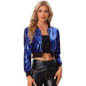 imageAllegra K Womens Halloween Sparkly Jackets 2024 Party Crop Sequin Bomber JacketBlue