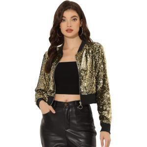 imageAllegra K Womens Halloween Sparkly Jackets 2024 Party Crop Sequin Bomber JacketGold