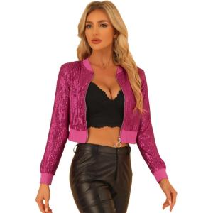 imageAllegra K Womens Halloween Sparkly Jackets 2024 Party Crop Sequin Bomber JacketHot Pink