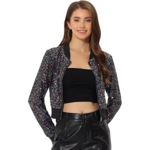 imageAllegra K Womens Halloween Sparkly Jackets 2024 Party Crop Sequin Bomber JacketRainbow