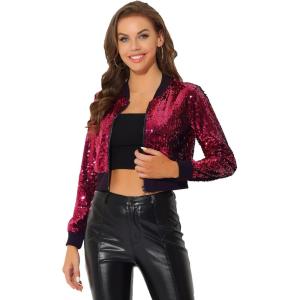 imageAllegra K Womens Halloween Sparkly Jackets 2024 Party Crop Sequin Bomber JacketRose Red