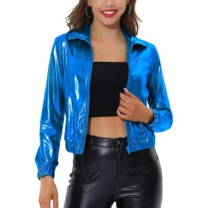 imageAllegra K Womens Holographic Shiny Party Christmas Long Sleeve Lightweight Zipper Metallic JacketBlue