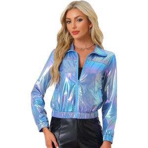 imageAllegra K Womens Holographic Shiny Party Christmas Long Sleeve Lightweight Zipper Metallic JacketBlue Holographic