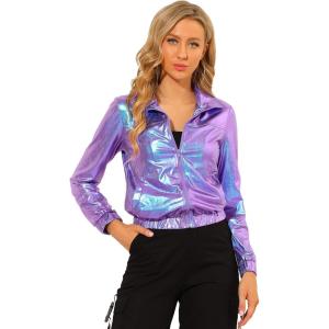 imageAllegra K Womens Holographic Shiny Party Christmas Long Sleeve Lightweight Zipper Metallic JacketBlue Purple