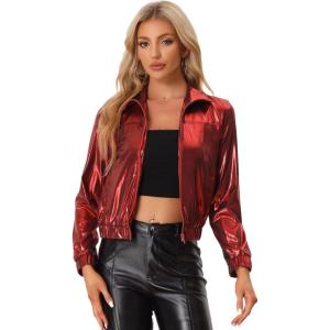 imageAllegra K Womens Holographic Shiny Party Christmas Long Sleeve Lightweight Zipper Metallic JacketDark Red