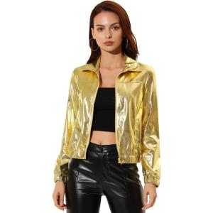 imageAllegra K Womens Holographic Shiny Party Christmas Long Sleeve Lightweight Zipper Metallic JacketGolden