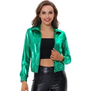 imageAllegra K Womens Holographic Shiny Party Christmas Long Sleeve Lightweight Zipper Metallic JacketGreen