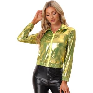 imageAllegra K Womens Holographic Shiny Party Christmas Long Sleeve Lightweight Zipper Metallic JacketGreen Gold