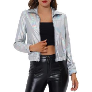 imageAllegra K Womens Holographic Shiny Party Christmas Long Sleeve Lightweight Zipper Metallic JacketLight Silver