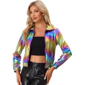 imageAllegra K Womens Holographic Shiny Party Christmas Long Sleeve Lightweight Zipper Metallic JacketMulticolor