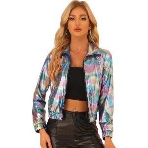 imageAllegra K Womens Holographic Shiny Party Christmas Long Sleeve Lightweight Zipper Metallic JacketRainbow