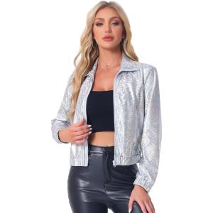 imageAllegra K Womens Holographic Shiny Party Christmas Long Sleeve Lightweight Zipper Metallic JacketRainbow Silver