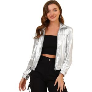 imageAllegra K Womens Holographic Shiny Party Christmas Long Sleeve Lightweight Zipper Metallic JacketSilver