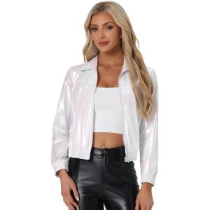 imageAllegra K Womens Holographic Shiny Party Christmas Long Sleeve Lightweight Zipper Metallic JacketWhite Holographic