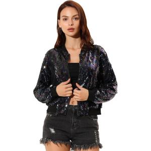 imageAllegra K Womens Sequin Jacket Casual Long Sleeve Zipper Fall Winter Shiny Glitter Sparkly Bomber JacketsBlack Rainbow