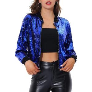 imageAllegra K Womens Sequin Jacket Casual Long Sleeve Zipper Fall Winter Shiny Glitter Sparkly Bomber JacketsBlue