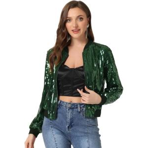 imageAllegra K Womens Sequin Jacket Casual Long Sleeve Zipper Fall Winter Shiny Glitter Sparkly Bomber JacketsDark Green