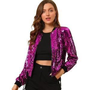 imageAllegra K Womens Sequin Jacket Casual Long Sleeve Zipper Fall Winter Shiny Glitter Sparkly Bomber JacketsFuchsia