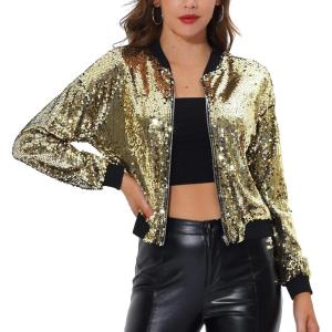 imageAllegra K Womens Sequin Jacket Casual Long Sleeve Zipper Fall Winter Shiny Glitter Sparkly Bomber JacketsGold