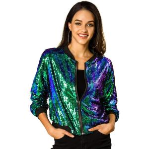 imageAllegra K Womens Sequin Jacket Casual Long Sleeve Zipper Fall Winter Shiny Glitter Sparkly Bomber JacketsGreen