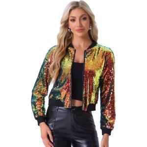 imageAllegra K Womens Sequin Jacket Casual Long Sleeve Zipper Fall Winter Shiny Glitter Sparkly Bomber JacketsGreen Pink