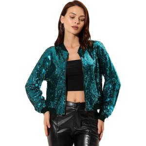 imageAllegra K Womens Sequin Jacket Casual Long Sleeve Zipper Fall Winter Shiny Glitter Sparkly Bomber JacketsLake Blue