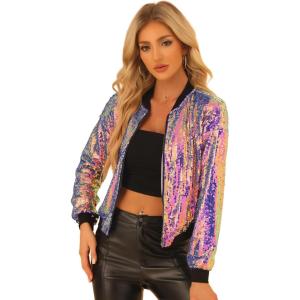 imageAllegra K Womens Sequin Jacket Casual Long Sleeve Zipper Fall Winter Shiny Glitter Sparkly Bomber JacketsMulticolor