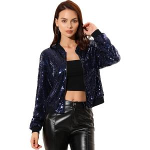 imageAllegra K Womens Sequin Jacket Casual Long Sleeve Zipper Fall Winter Shiny Glitter Sparkly Bomber JacketsNavy