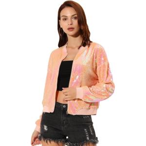 imageAllegra K Womens Sequin Jacket Casual Long Sleeve Zipper Fall Winter Shiny Glitter Sparkly Bomber JacketsPink