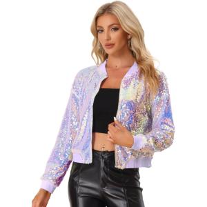 imageAllegra K Womens Sequin Jacket Casual Long Sleeve Zipper Fall Winter Shiny Glitter Sparkly Bomber JacketsPink Purple