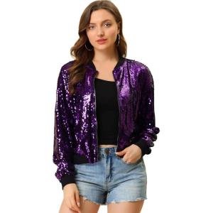 imageAllegra K Womens Sequin Jacket Casual Long Sleeve Zipper Fall Winter Shiny Glitter Sparkly Bomber JacketsPurple