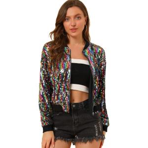 imageAllegra K Womens Sequin Jacket Casual Long Sleeve Zipper Fall Winter Shiny Glitter Sparkly Bomber JacketsRainbow