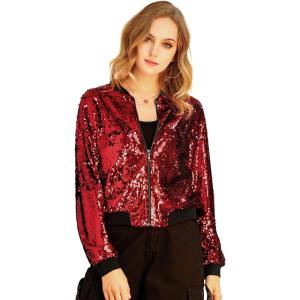 imageAllegra K Womens Sequin Jacket Casual Long Sleeve Zipper Fall Winter Shiny Glitter Sparkly Bomber JacketsRed