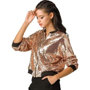 imageAllegra K Womens Sequin Jacket Casual Long Sleeve Zipper Fall Winter Shiny Glitter Sparkly Bomber JacketsRose Gold