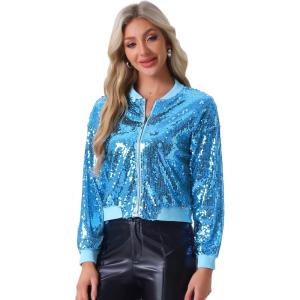 imageAllegra K Womens Sequin Jacket Casual Long Sleeve Zipper Fall Winter Shiny Glitter Sparkly Bomber JacketsSky Blue