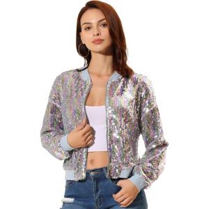 imageAllegra K Womens Sequin Jacket Casual Long Sleeve Zipper Fall Winter Shiny Glitter Sparkly Bomber JacketsWhite Rainbow