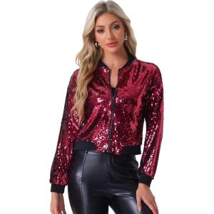 imageAllegra K Womens Sequin Jacket Casual Long Sleeve Zipper Fall Winter Shiny Glitter Sparkly Bomber JacketsWine Red