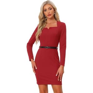 imageAllegra K Elegant Office Dress for Womens Belted Square Neck Bodycon DressRed