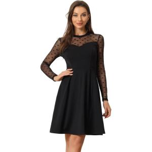 imageAllegra K Party Dress for Womens Heart Mesh Sheer Sleeve Crew Neck Skater Short DressBlackpolka Dots