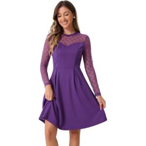 imageAllegra K Party Dress for Womens Heart Mesh Sheer Sleeve Crew Neck Skater Short DressDark Purple