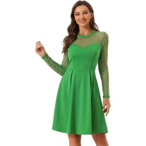 imageAllegra K Party Dress for Womens Heart Mesh Sheer Sleeve Crew Neck Skater Short DressGreen