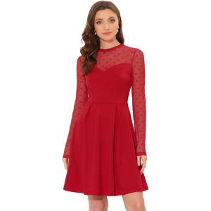 imageAllegra K Party Dress for Womens Heart Mesh Sheer Sleeve Crew Neck Skater Short DressRed