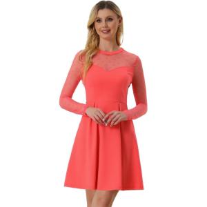 imageAllegra K Party Dress for Womens Heart Mesh Sheer Sleeve Crew Neck Skater Short DressWatermelon Red